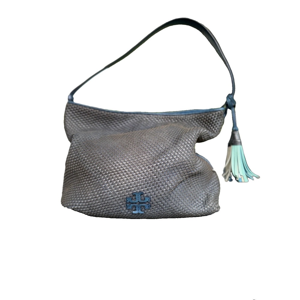 Tory Burch Thea Woven Shoulder Bag in Tidal Wave Blue Jacquard Lining Tassels